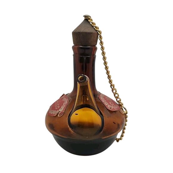 Vintage Aceite Miniature Amber Glass Pitcher Cork Stopper Gold Tone Chain Retro - Picture 4 of 10
